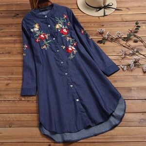 ZANZEA Women Button Down Embroidery Floral Denim Jeans Long Shirt Blouse